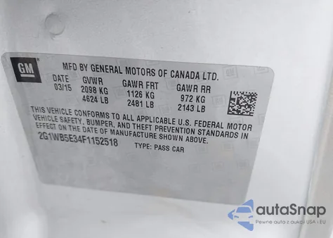 2015 Chevrolet Impala Limited Lt from USA, damaged, VIN 2G1WB5E34F1152518